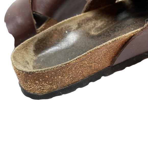 BIRKENSTOCK BIRKI'S Brown Genuine Leather Criss Cross Slides Sandals Shoes sz 6 - Picture 13 of 16